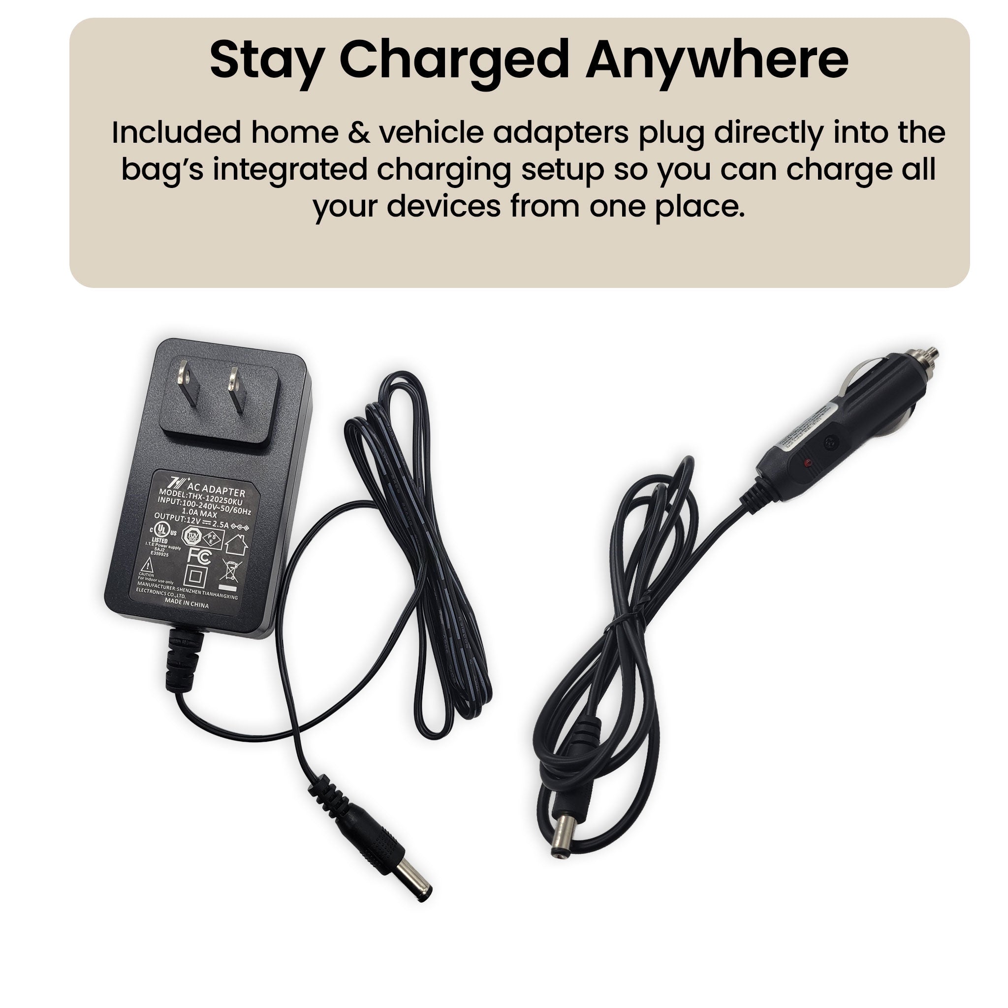 Home and vehicle chargers for the houndsman charging and travel bag