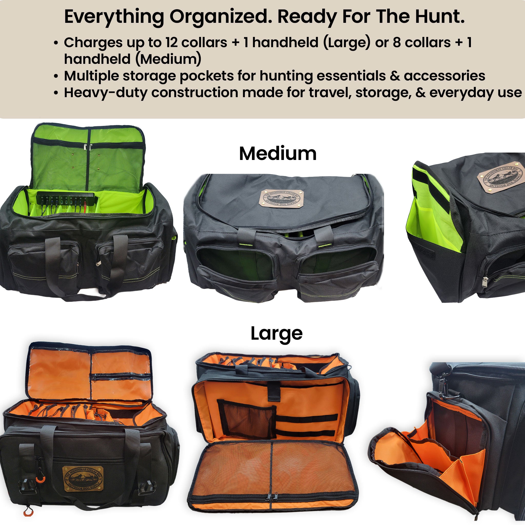 View of all the storage pockets for the houndsmen charging and travel bag for Garmin Alpha equipment