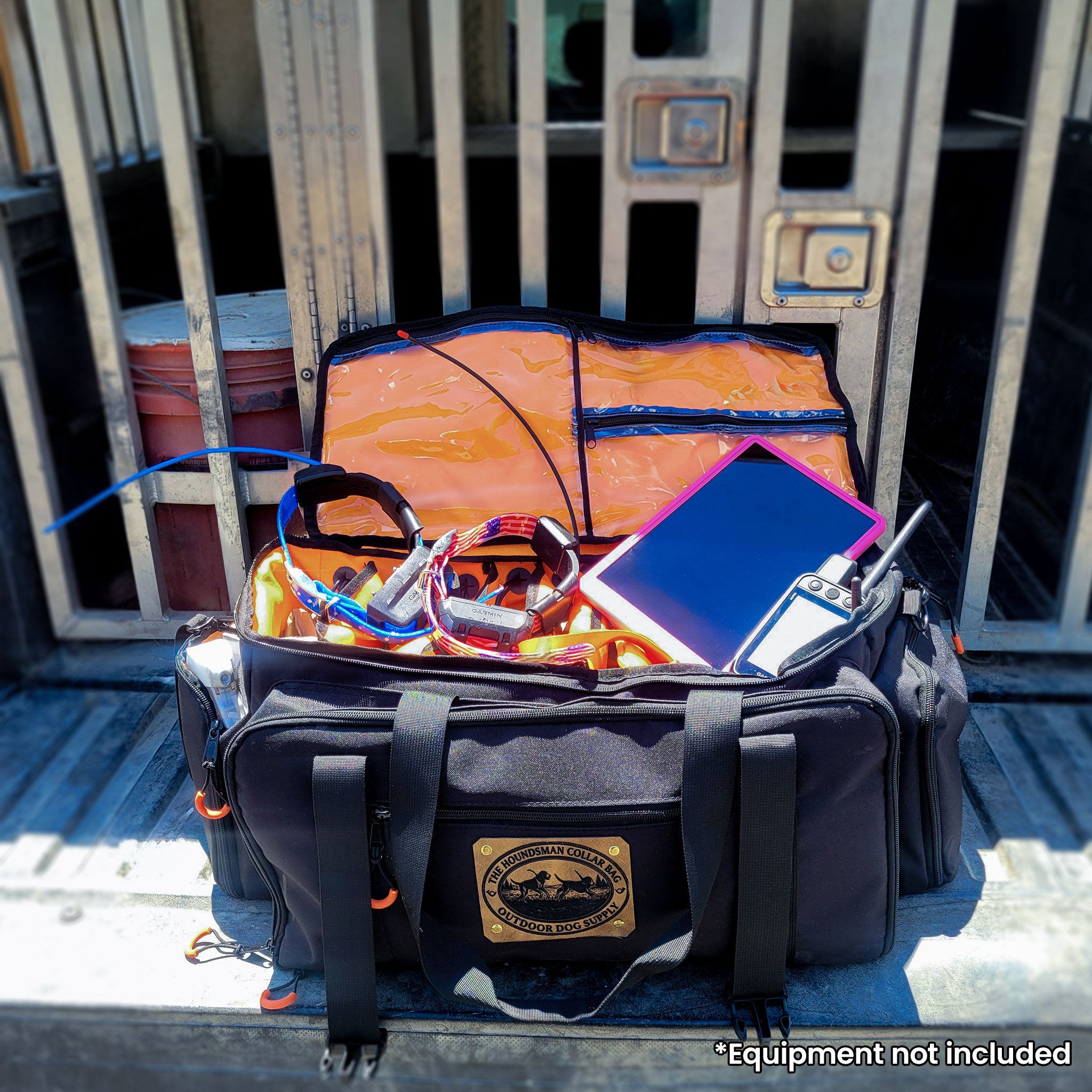 top view of Garmin Alpha equipment in the  Houndsmen charging and travel bag 