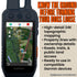 A Garmin handheld GPS device shown on a white background with large promotional text on the right. The text reads 'KNOW THE GROUND BEFORE TURNING YOUR DOGS LOOSE' and lists key features about the HuntView Maps Plus