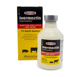 A bottle of Durvet Ivermectin (ivermectin) 1% sterile solution for cattle and swine, shown next to its yellow and black retail box on a white background.