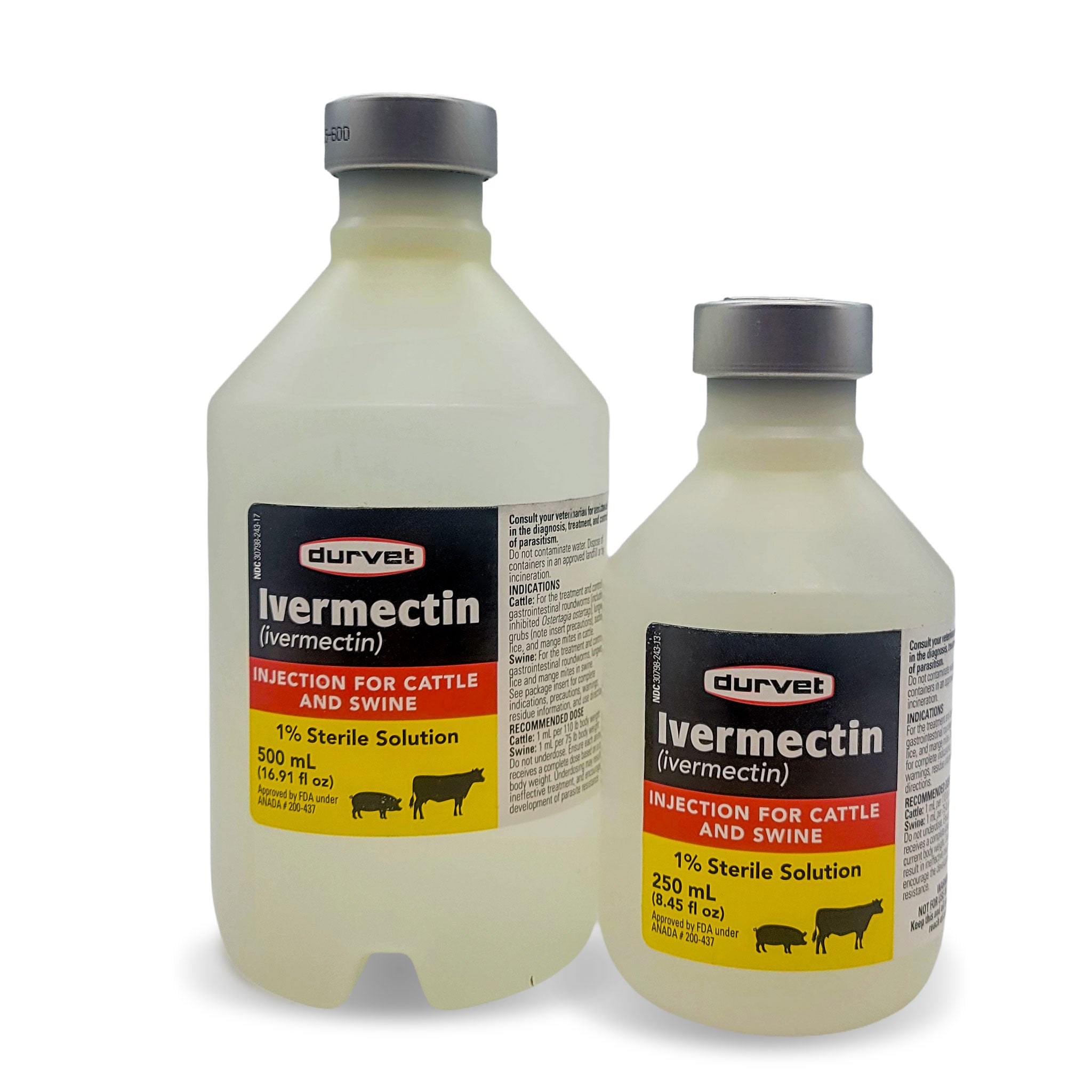 Two bottles of Durvet Ivermectin sterile solution for cattle and swine, one 500 mL and one 250 mL, shown on a white background.