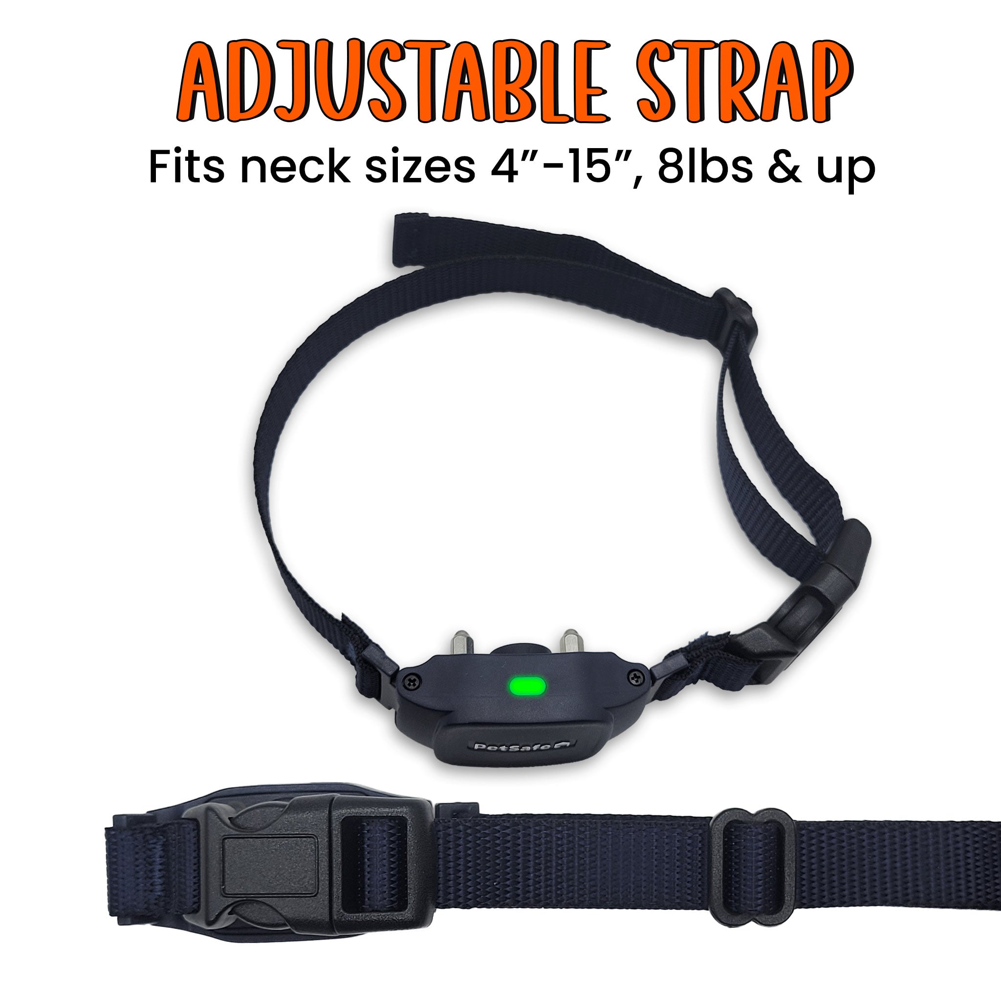 PetSafe NanoBark collar with adjustable nylon strap fits 4"-15" neck and 8lbs and up