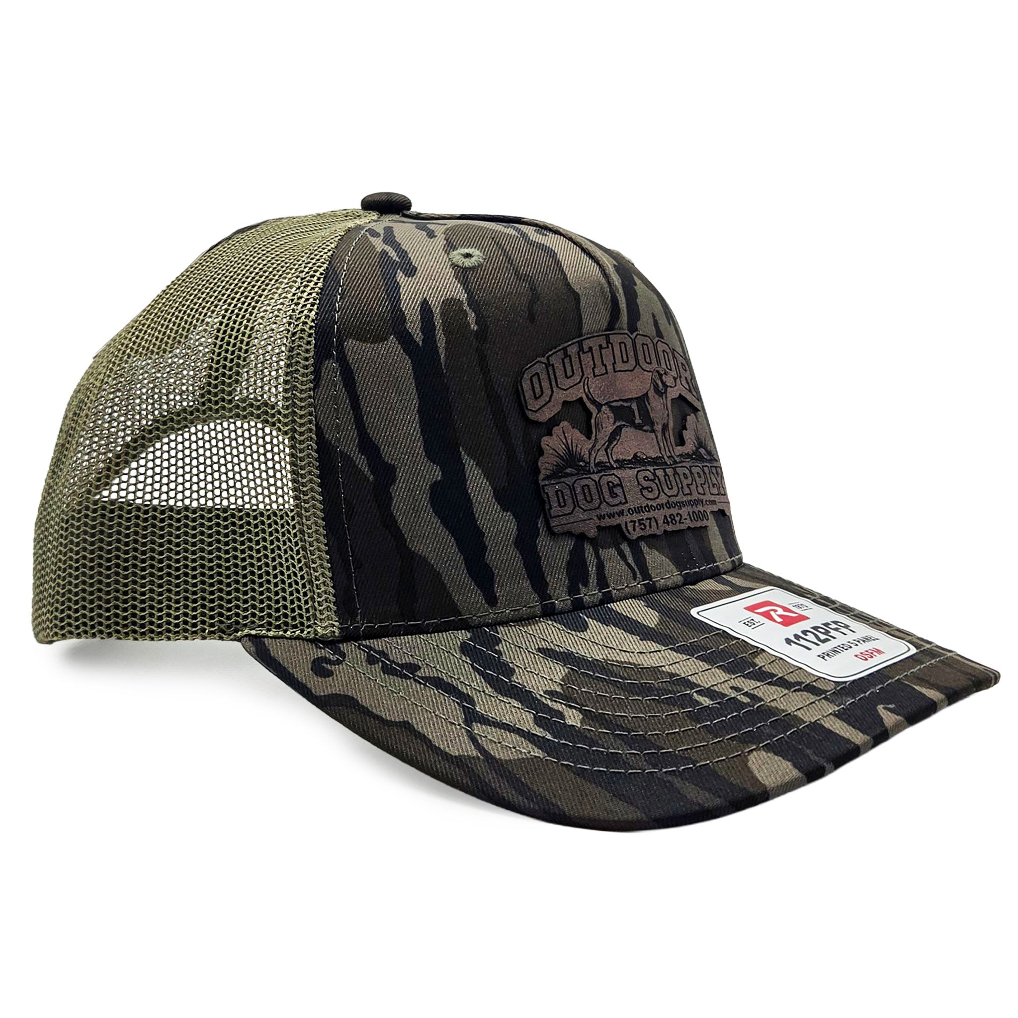 mossy oak bottomland camo trucker hat with Outdoor dog supply leather patch