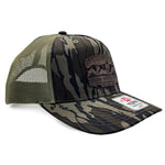 mossy oak bottomland camo trucker hat with Outdoor dog supply leather patch