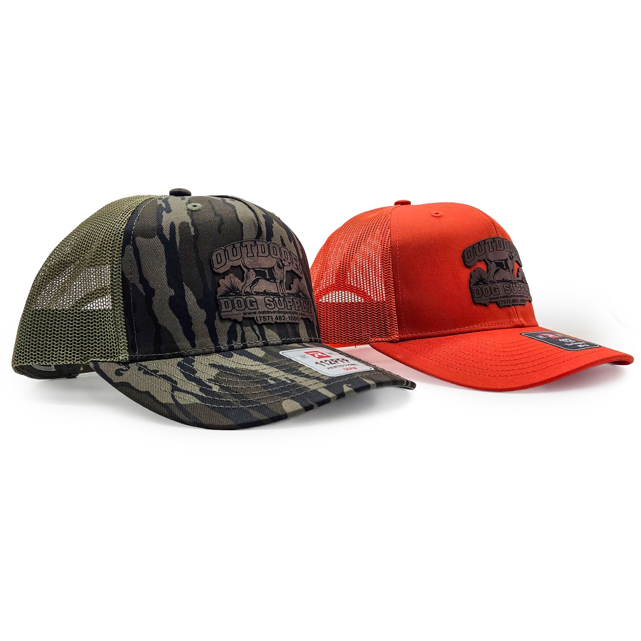 Camo and Orange Richardson 112 trucker hats with Outdoor dog supply leather patch