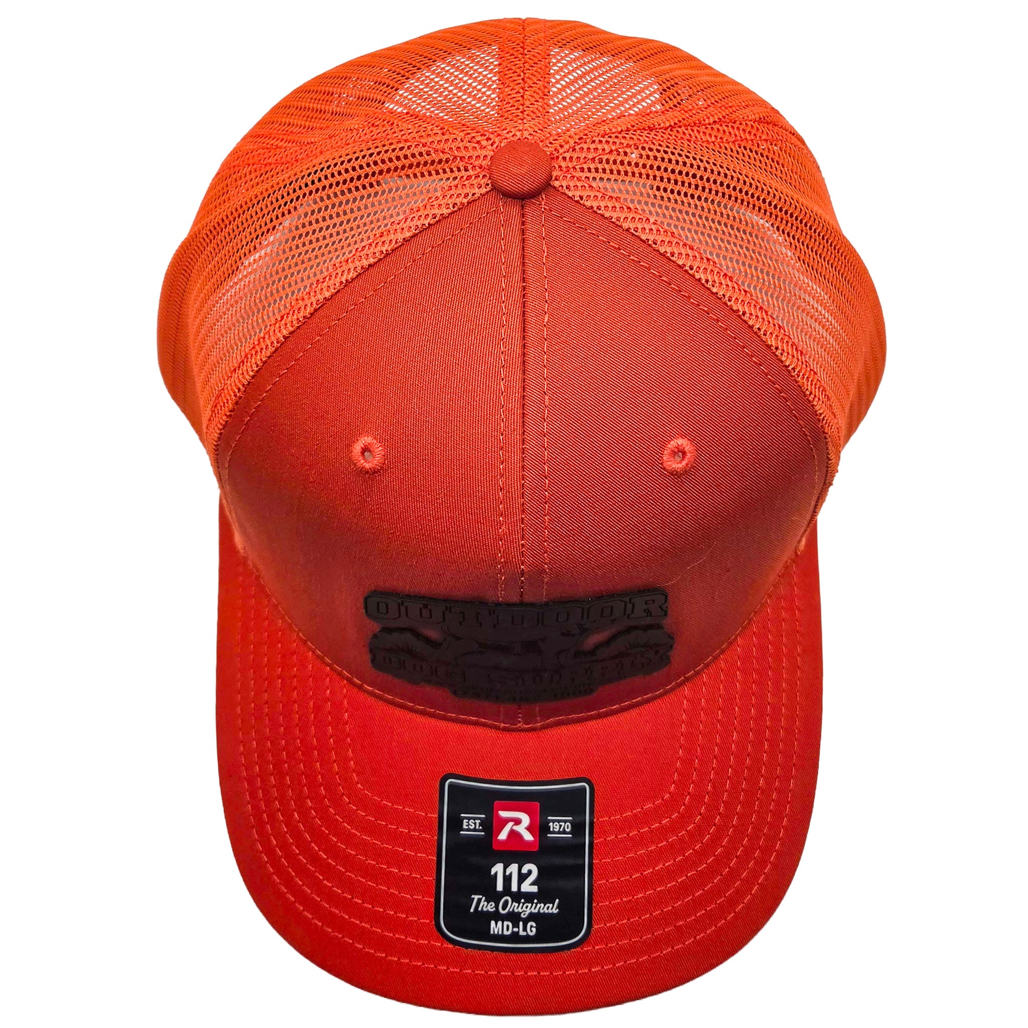 top view of orange trucker hat with leather patch
