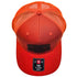 top view of orange trucker hat with leather patch