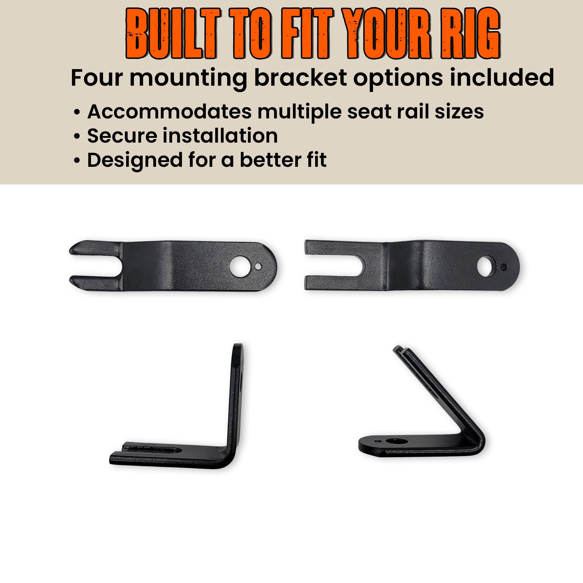Four black metal seat rail mounting brackets shown on a white background, with bullet points about fit