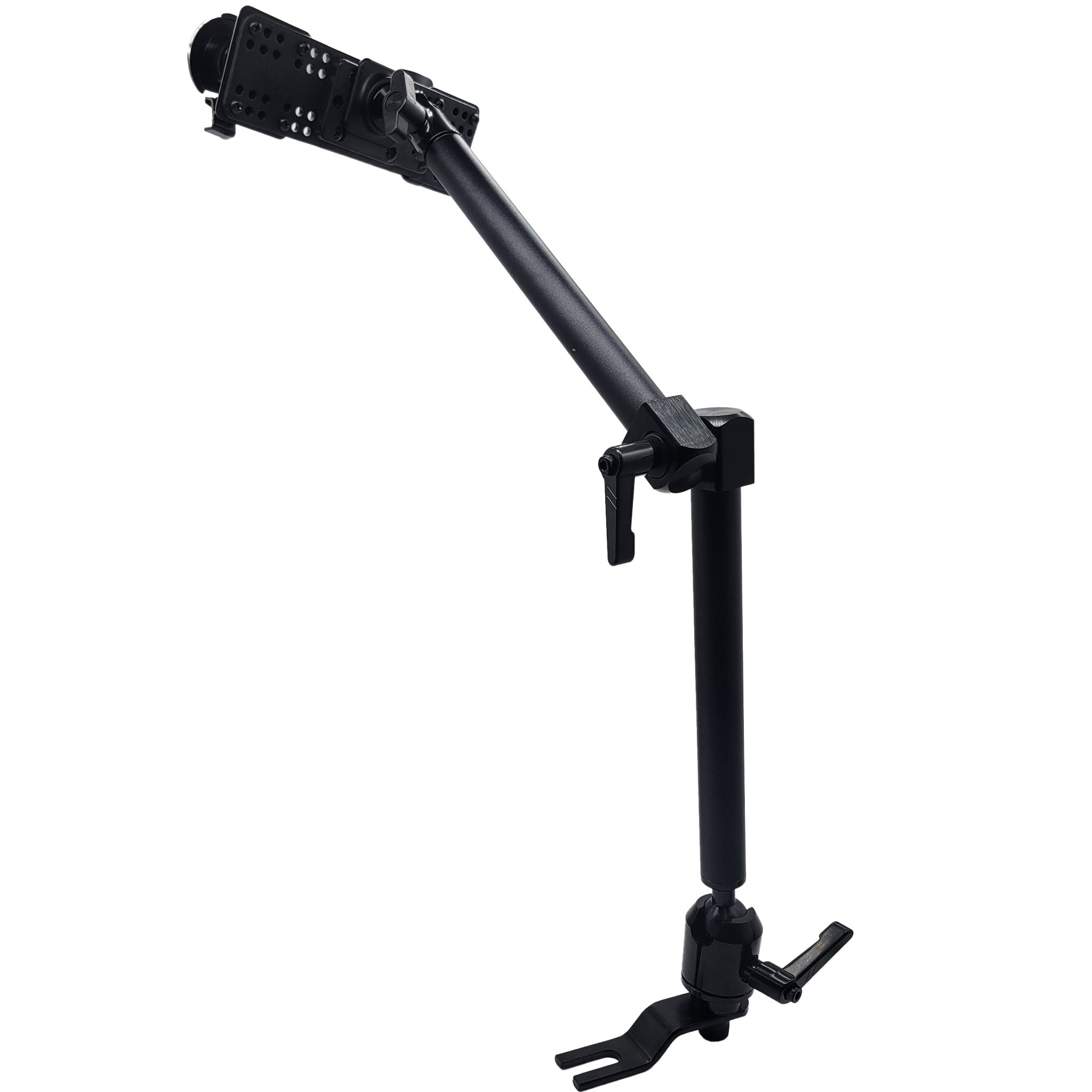 black aluminum adjustable arm mount with bracket mount to attach to seat rail 