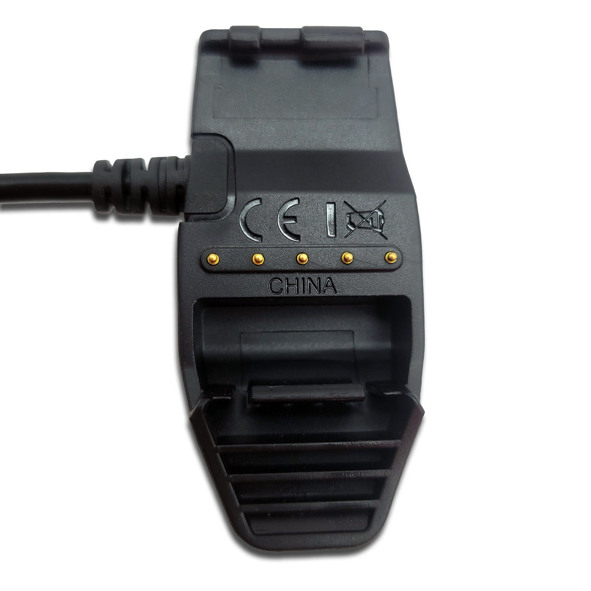 Garmin heart rate monitor charging clip cable with metal contacts close-up