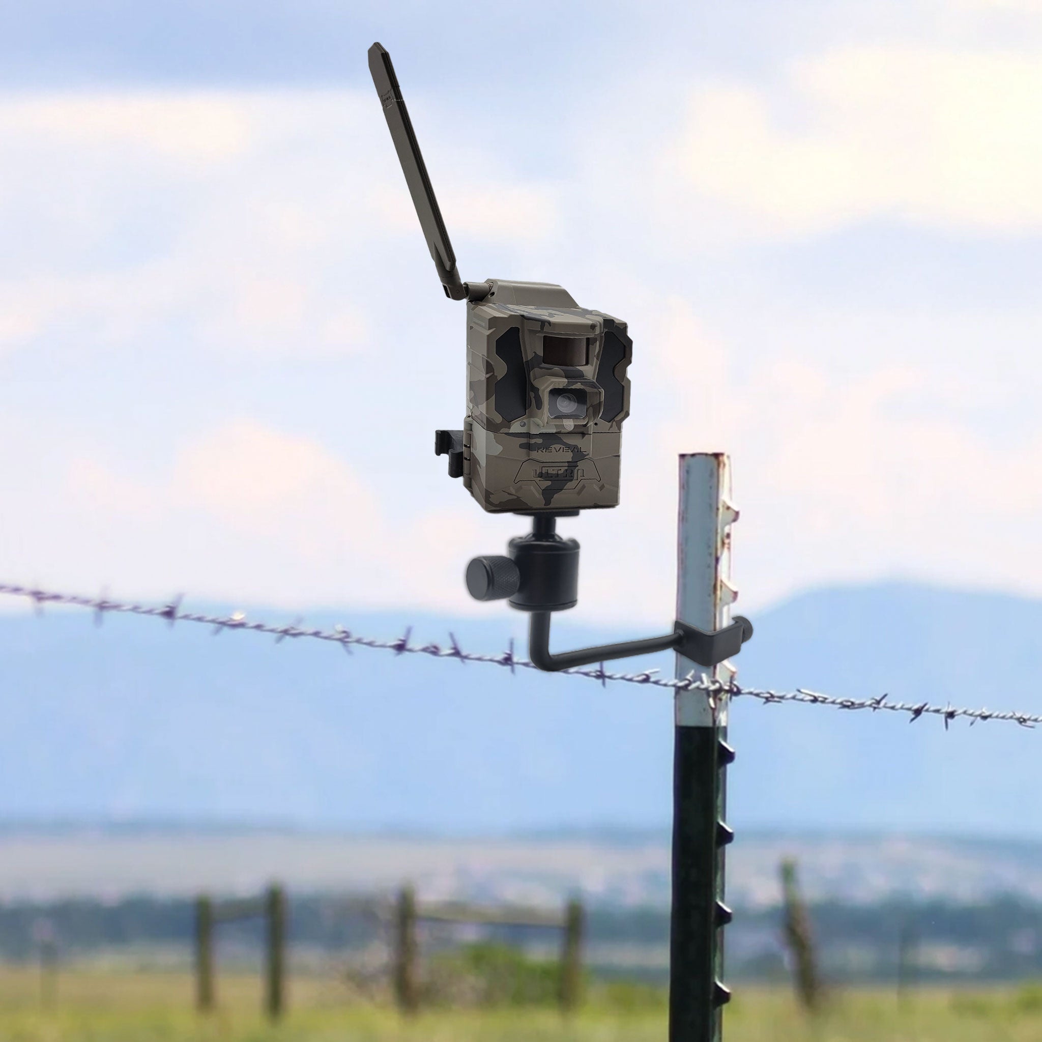 Tactacam REVEAL T-Post Camera Mount on a t post with reveal ultra camera 