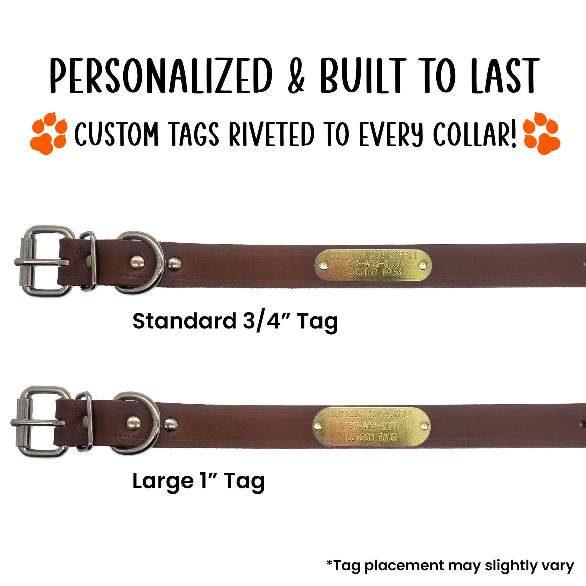 1" Leather D Ring Dog Collar with Brass Name Plate