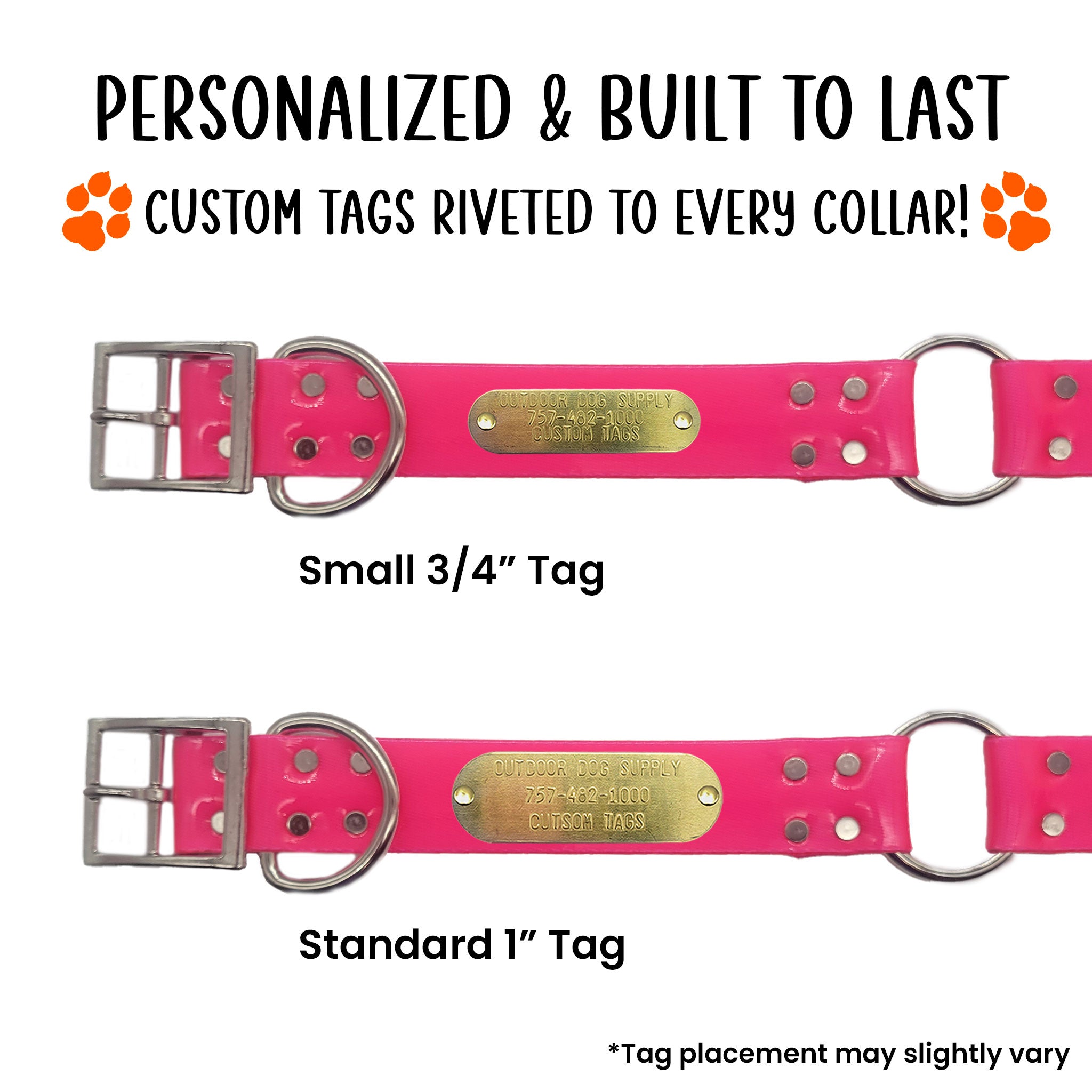 custom tag riveted onto a large pink dog collar with center ring