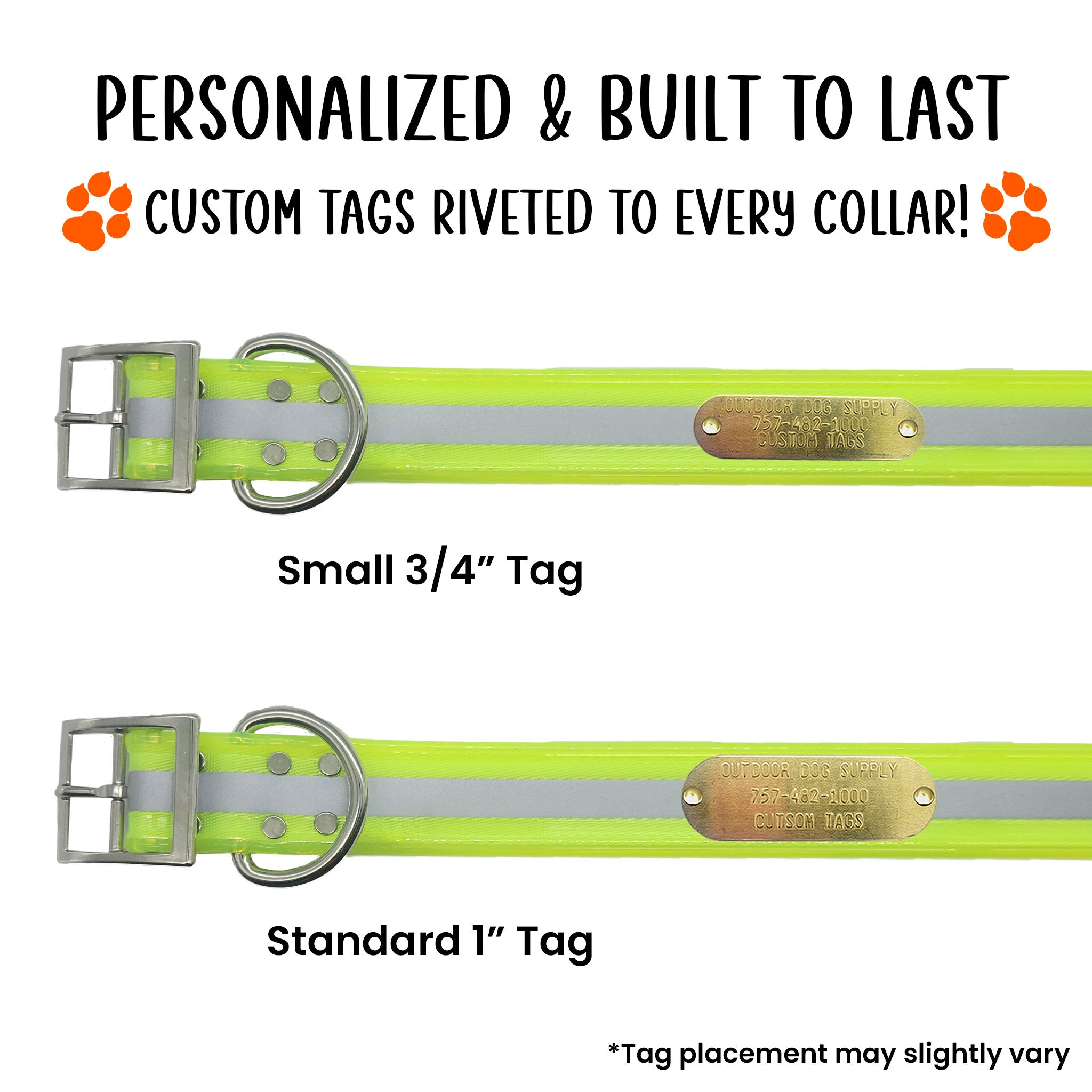 1 1/2" Reflective Premium Glow Tuff D Ring Large Dog Collar with Brass Name Plate