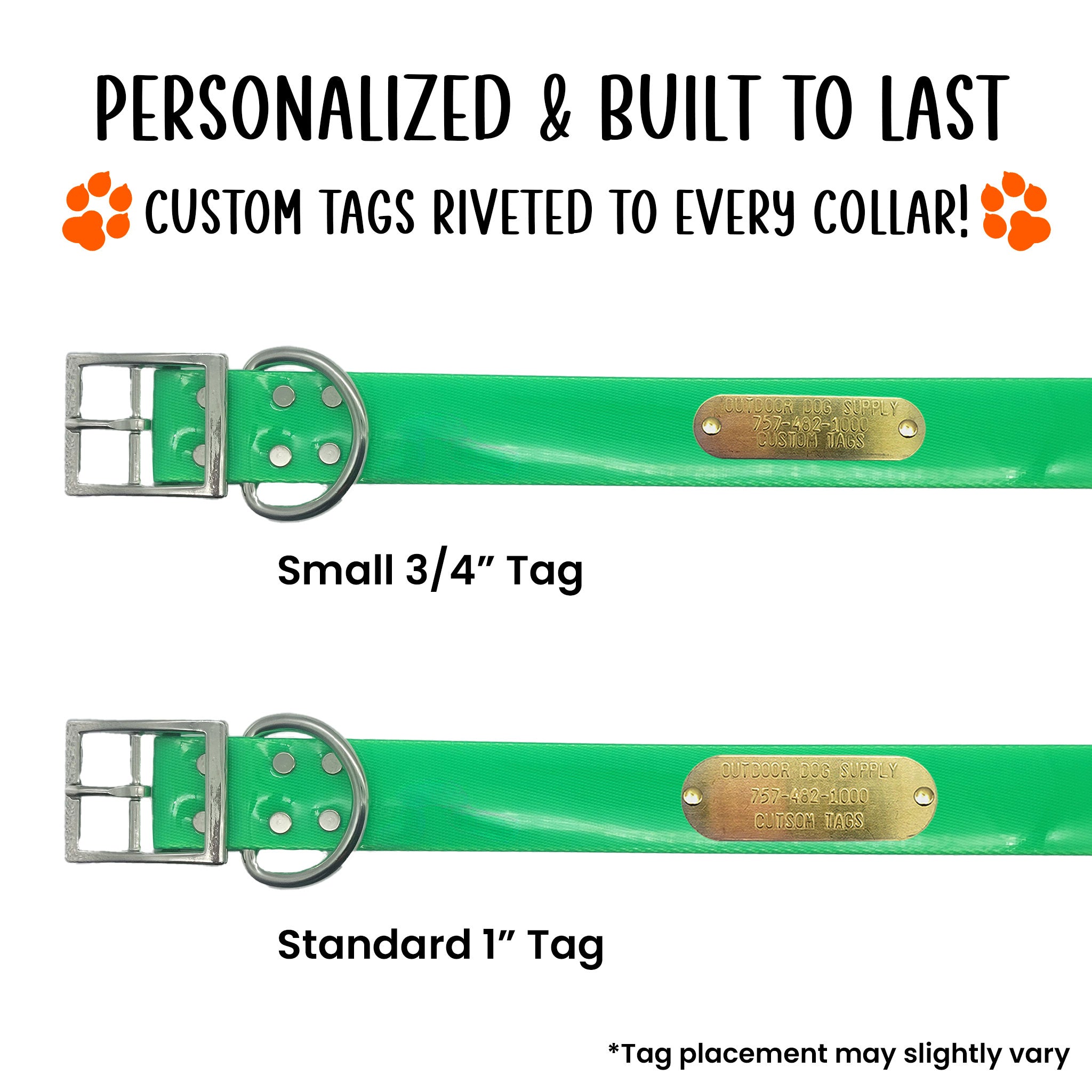 1 1/2" Solid Premium Glow Tuff D Ring Large Dog Collar with 1" Brass Name Plate