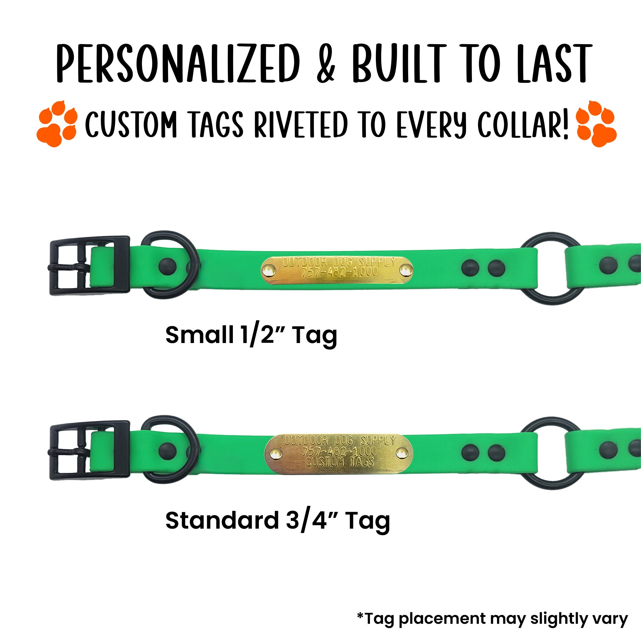 custom name tag riveted to a beta green dog collar with center ring
