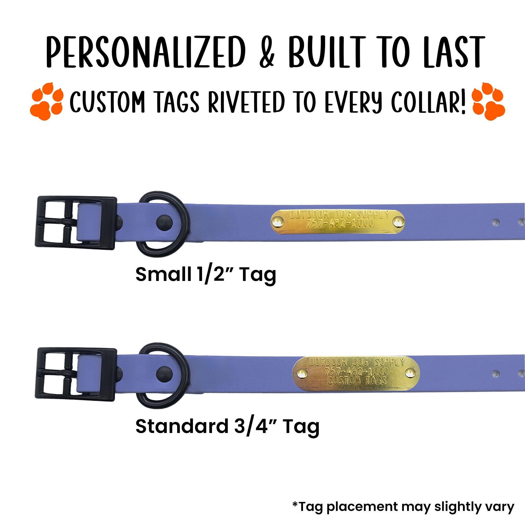 periwinkle dog collar with custom name tag riveted onto it