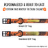 custom name tag riveted onto orange nylon camo collar