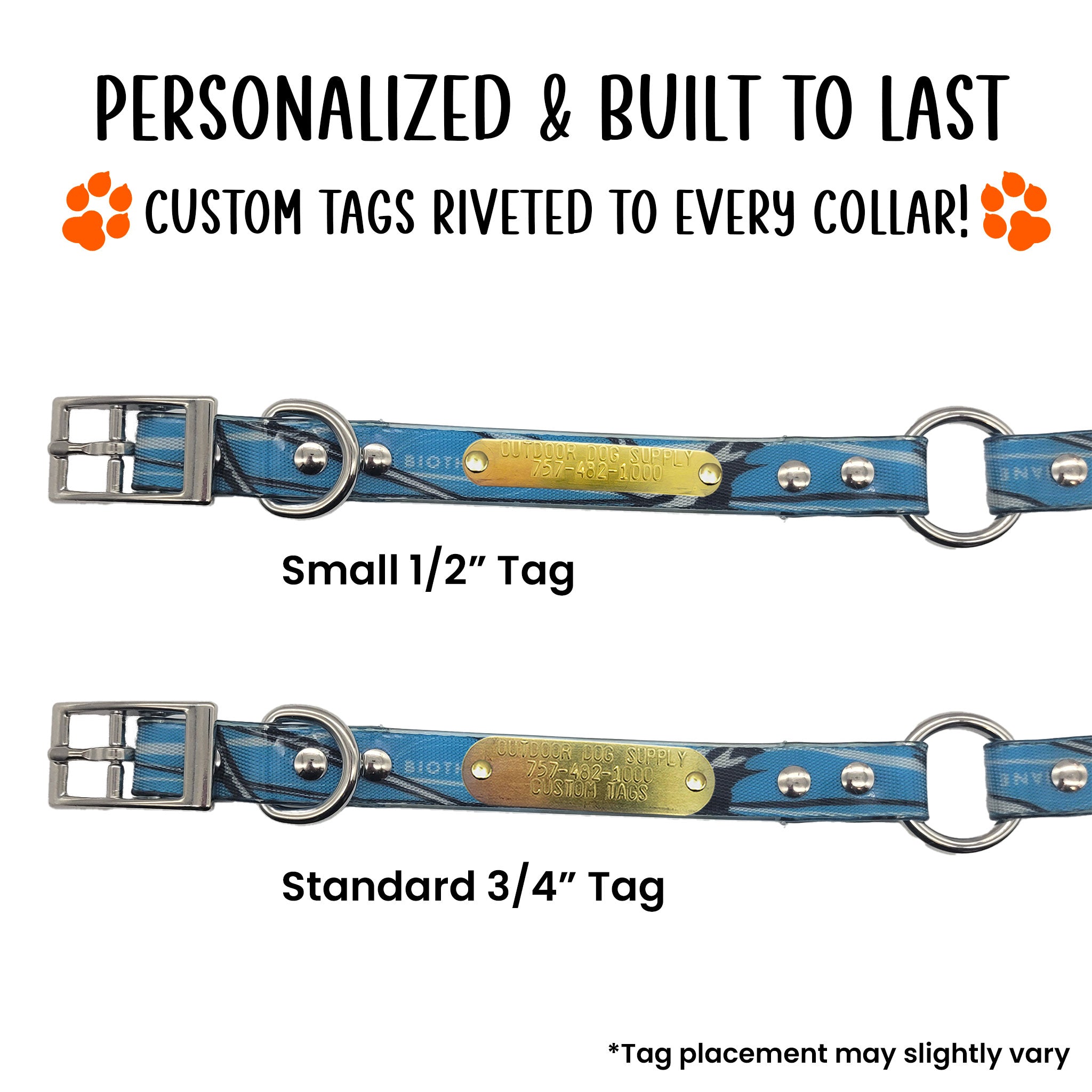 custom name tag riveted to blue camo dog collar with center ring