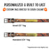 orange camo dog collar with custom name tags riveted onto it