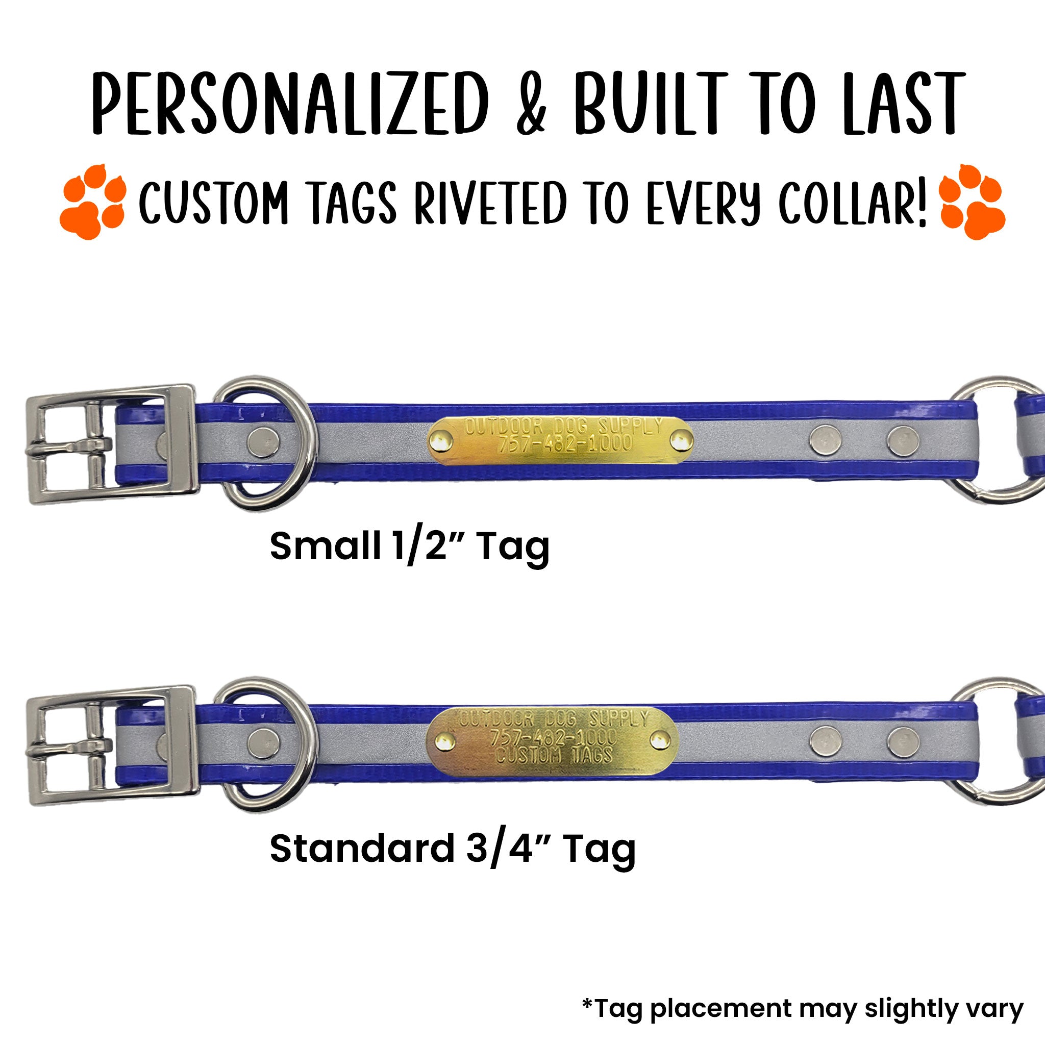blue reflective dog collar with custom tag riveted on