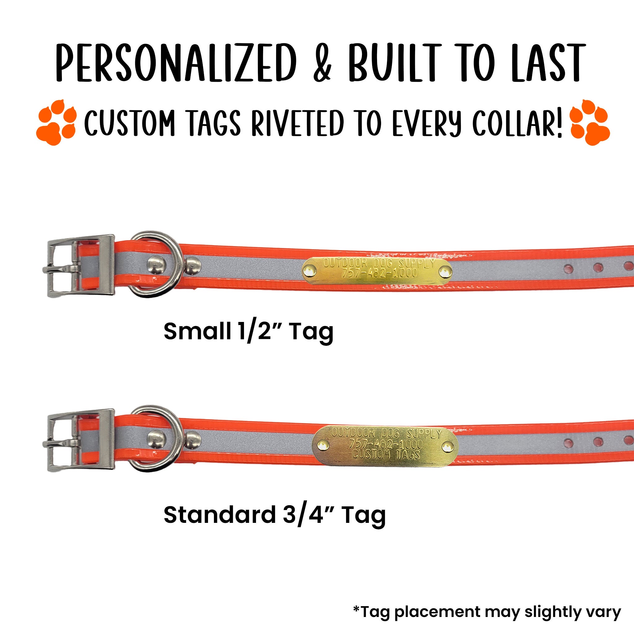 custom name tag riveted to orange reflective dog collar