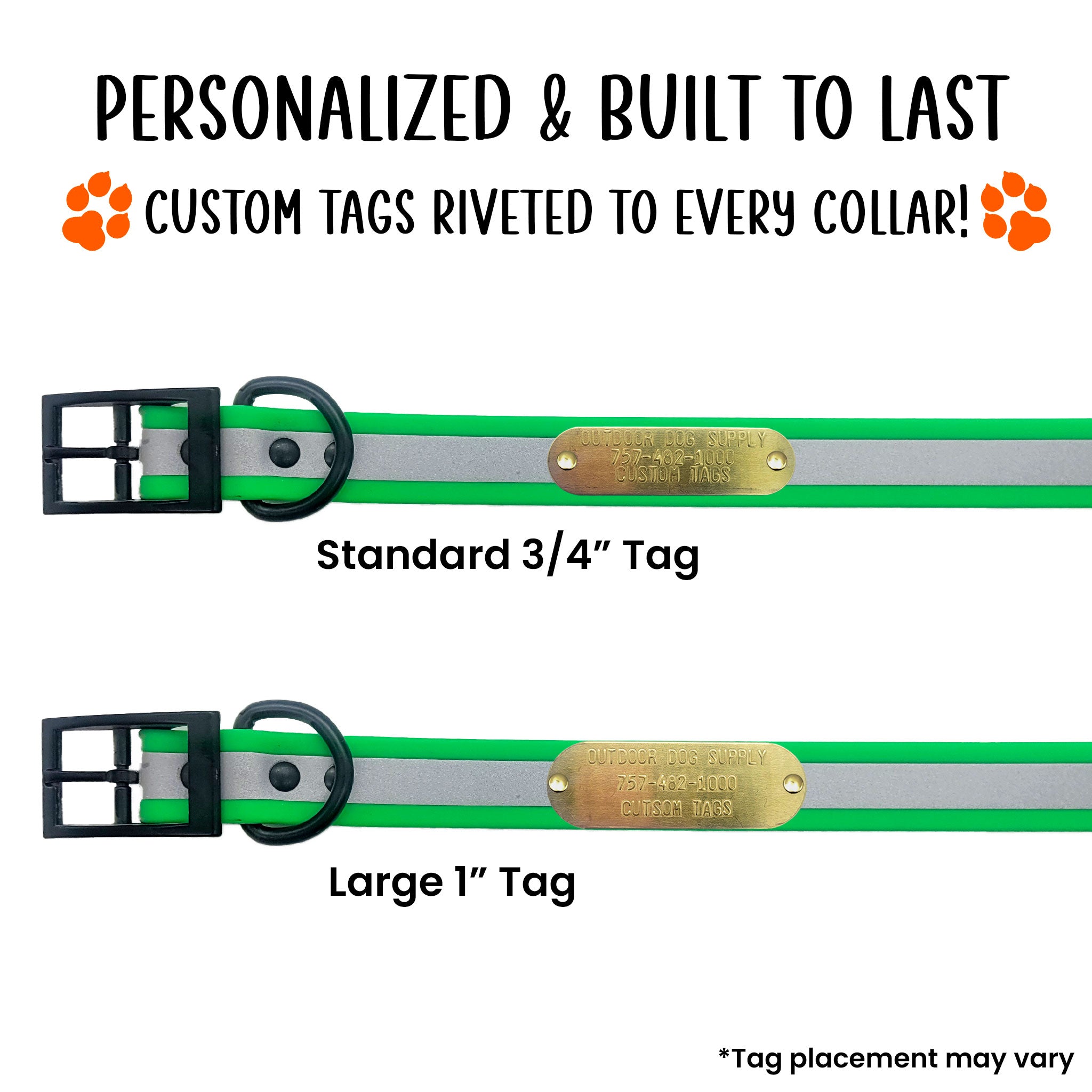 custom tags on a green reflective dog collar