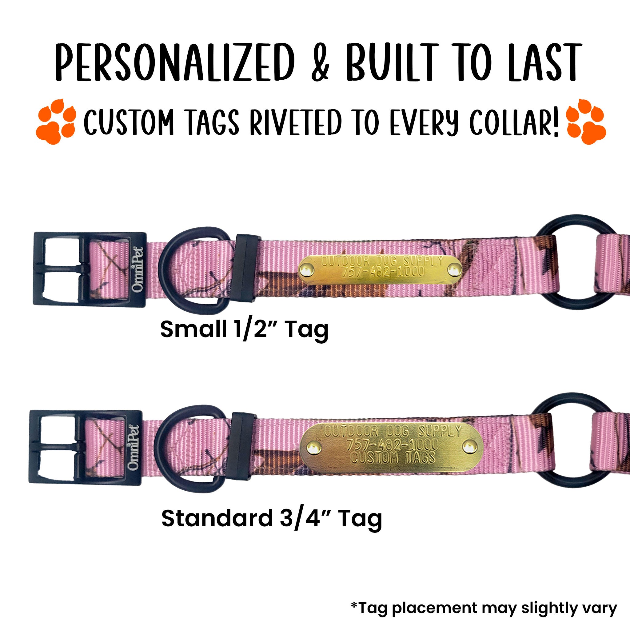 Pink camouflage dog collar with customizable tags on a white background