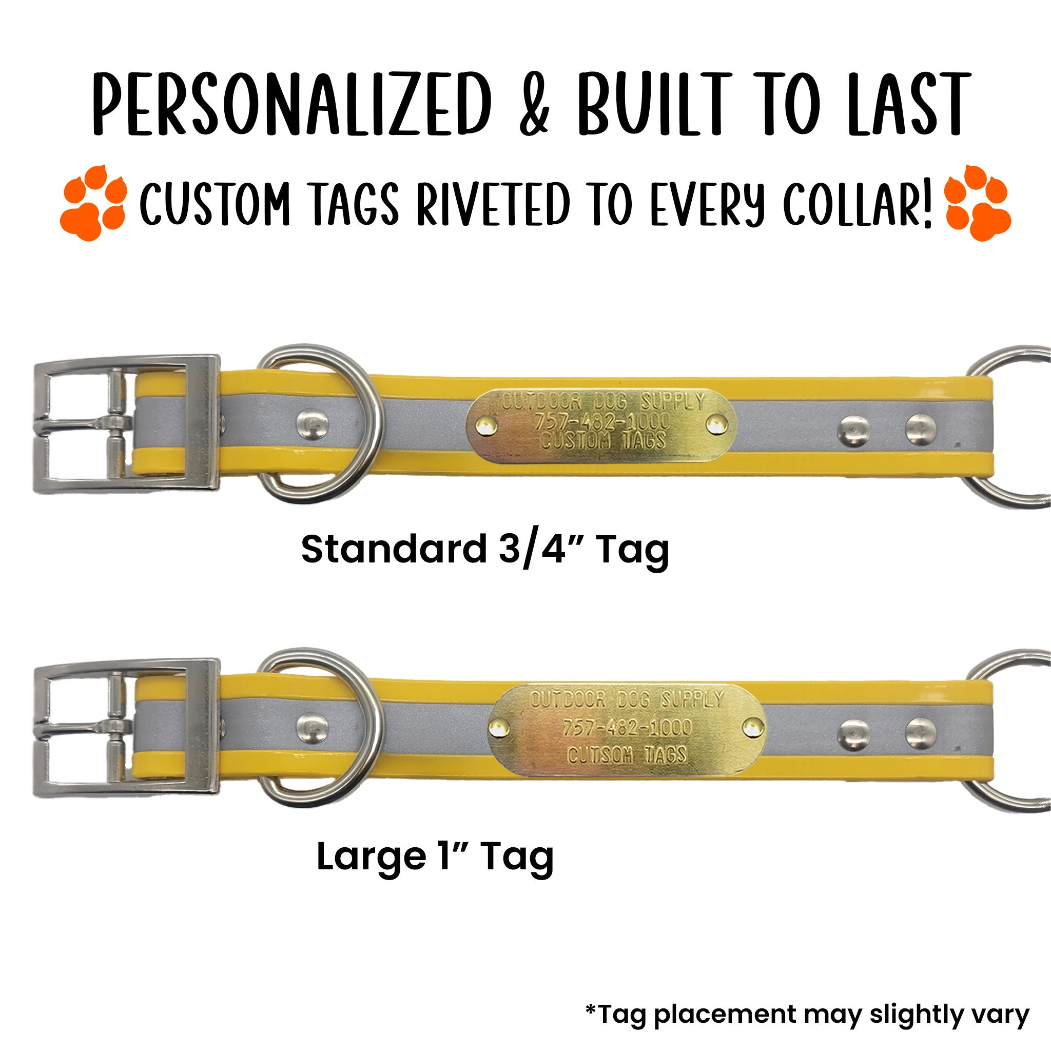 custom name tag riveted to a reflective yellow dog collar with center ring