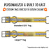 custom name tag riveted to a reflective yellow dog collar with center ring