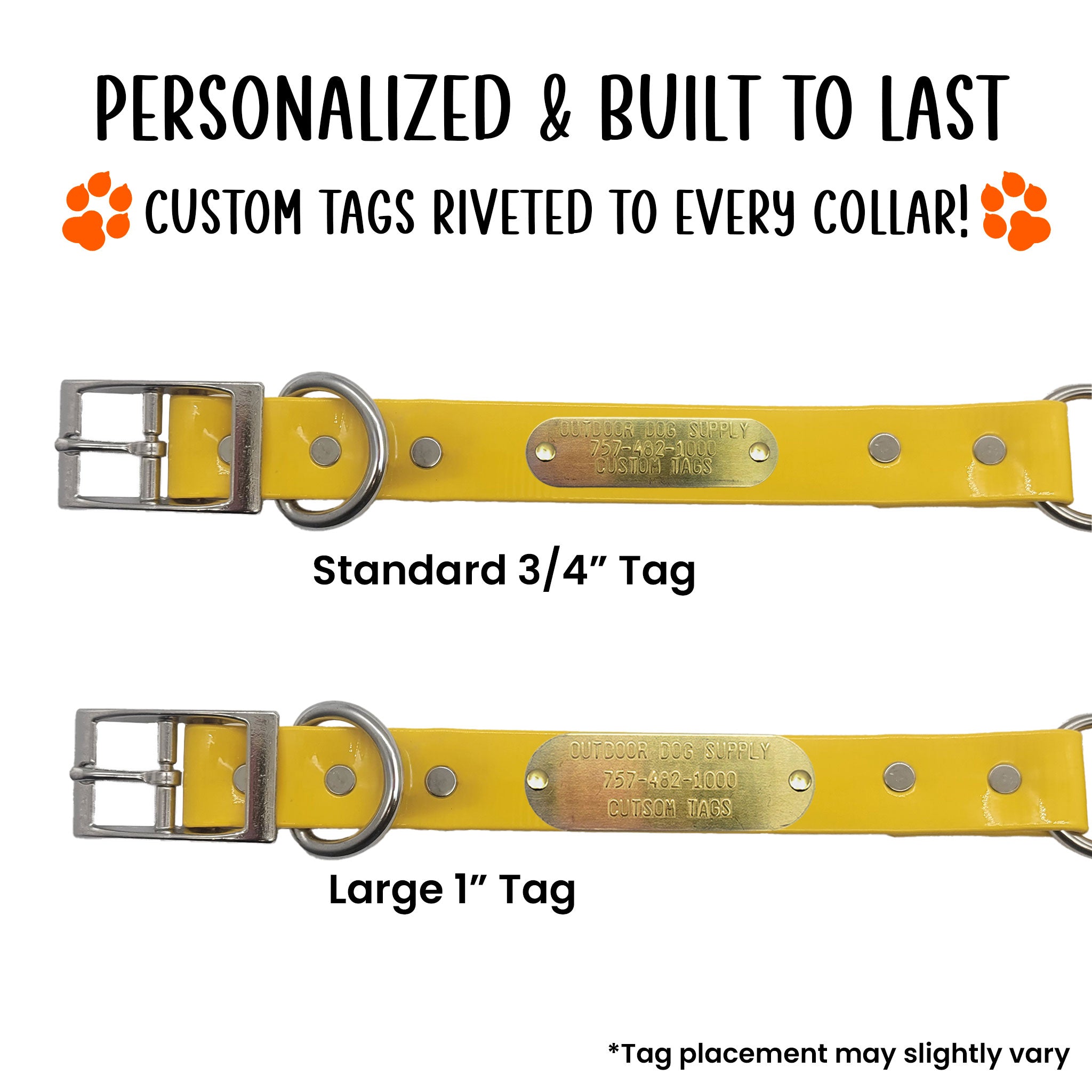 custom name tags riveted to school bus yellow dog collar with center ring