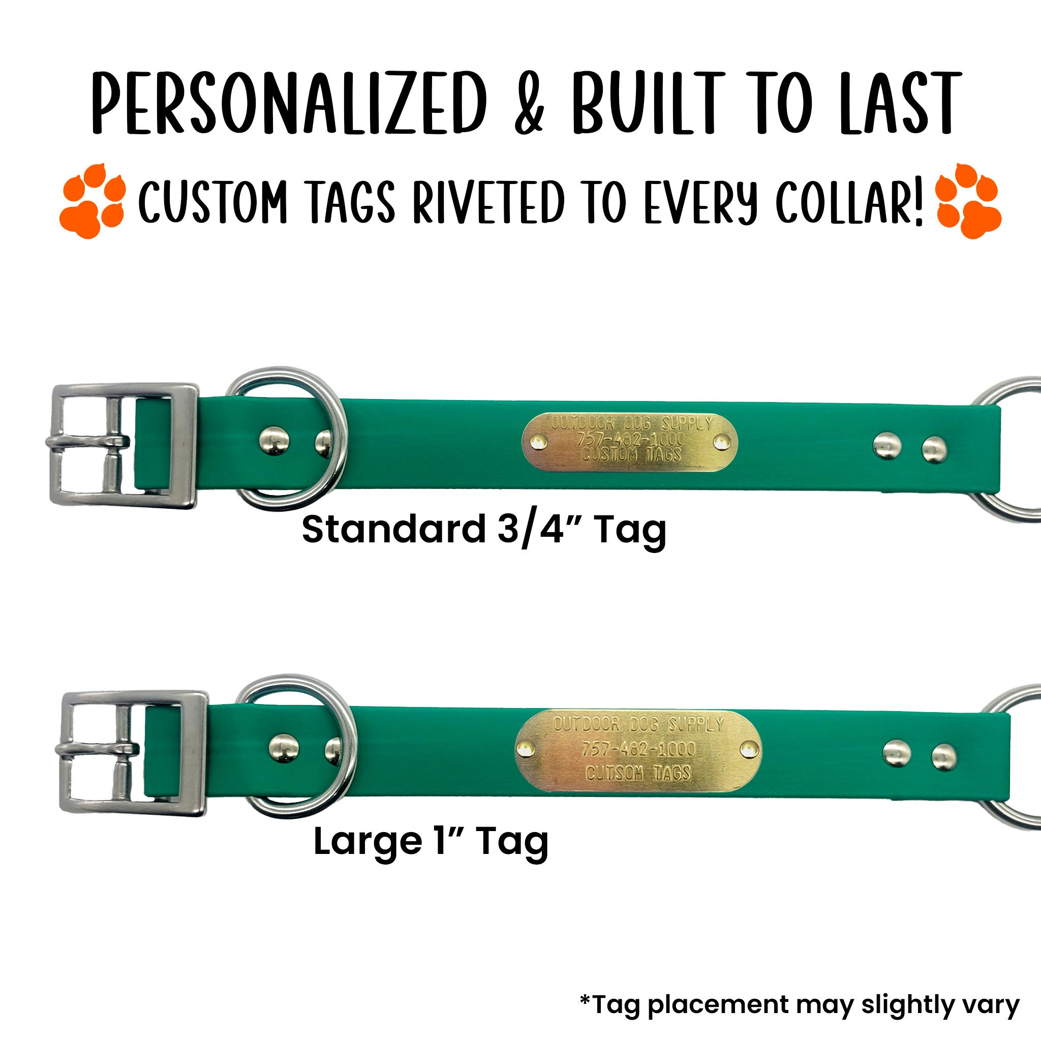 custom name tag on green tuff skin collar with center ring