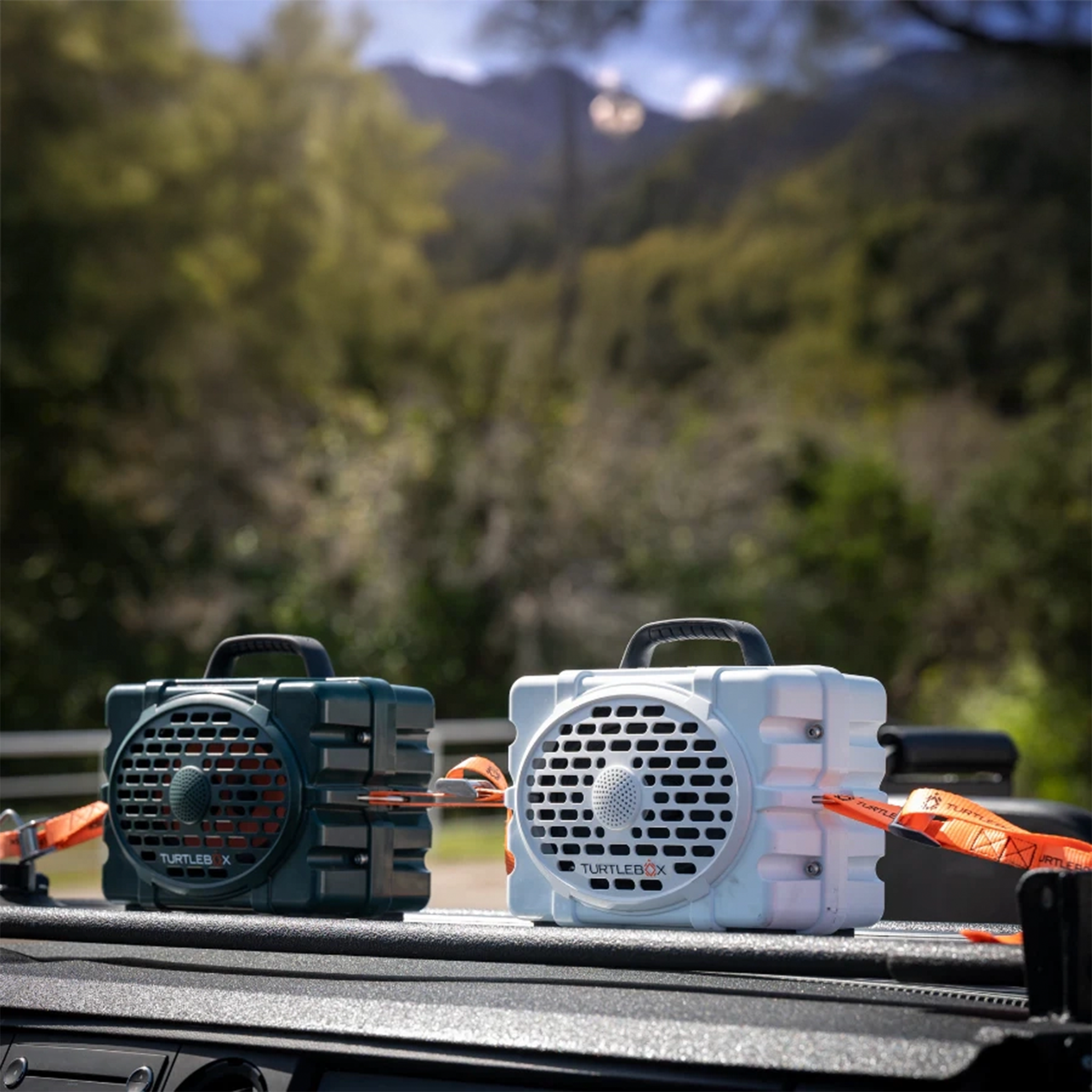 turtlebox speakers held down with tie-down straps