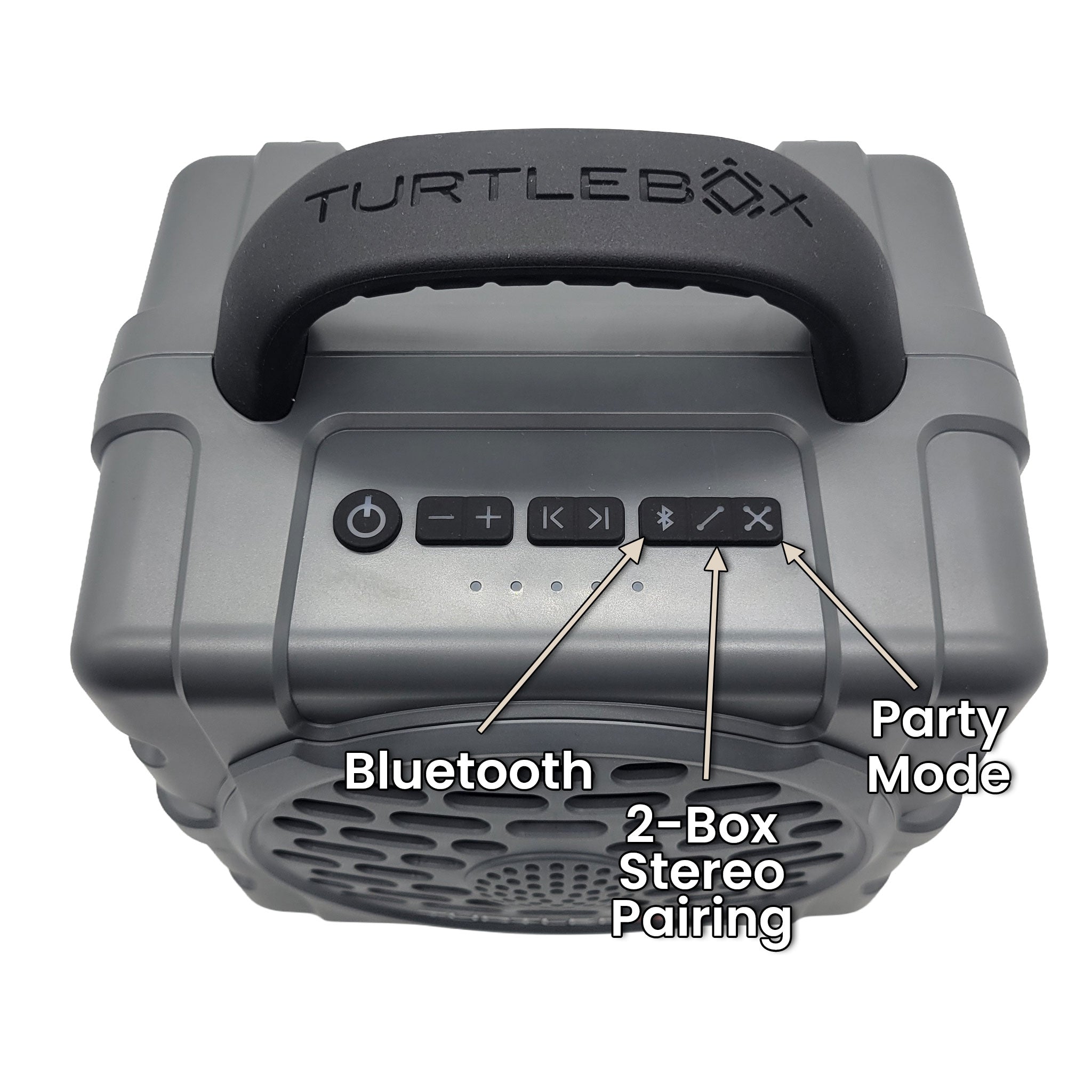 Top view of the Cub by TurtleBox showing the buttons and modes the speaker can be put in